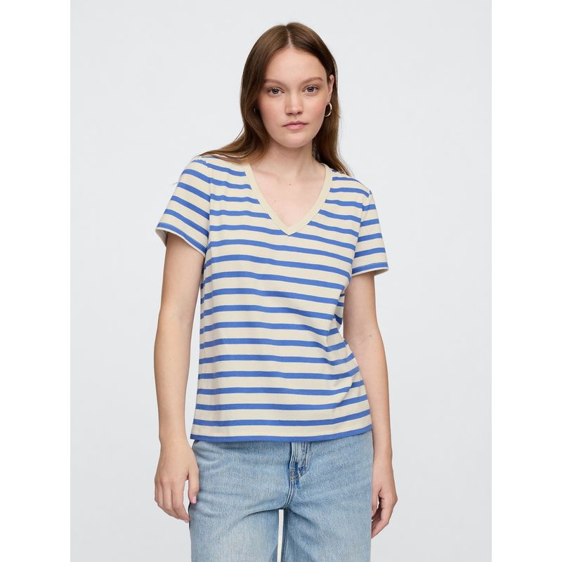 GAP - Polera Mujer Stripe V Neck Manga Corta Beige Gap