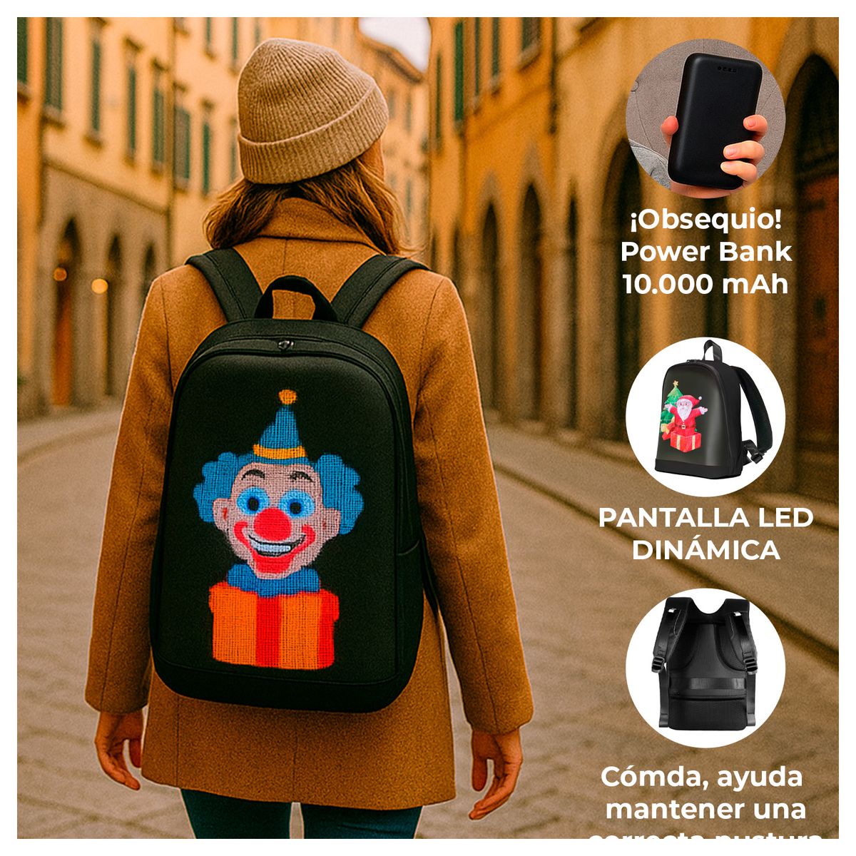 GLOBAL LATIN GROUP - Mochila LED Personalizable con Pantalla Animada y Power Bank