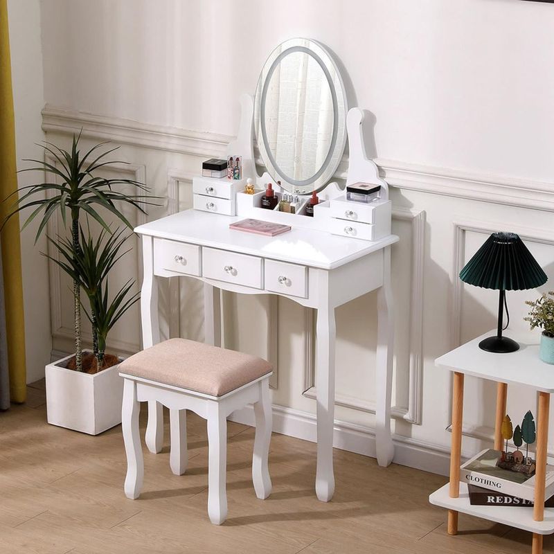 ITAHOME - TOCADOR MAQUILLAJE MADERA BANCA + ESPEJO LUZ LED CATERINA