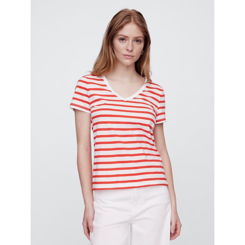GAP - Polera Mujer Stripe V Neck Manga Corta Blanco Gap
