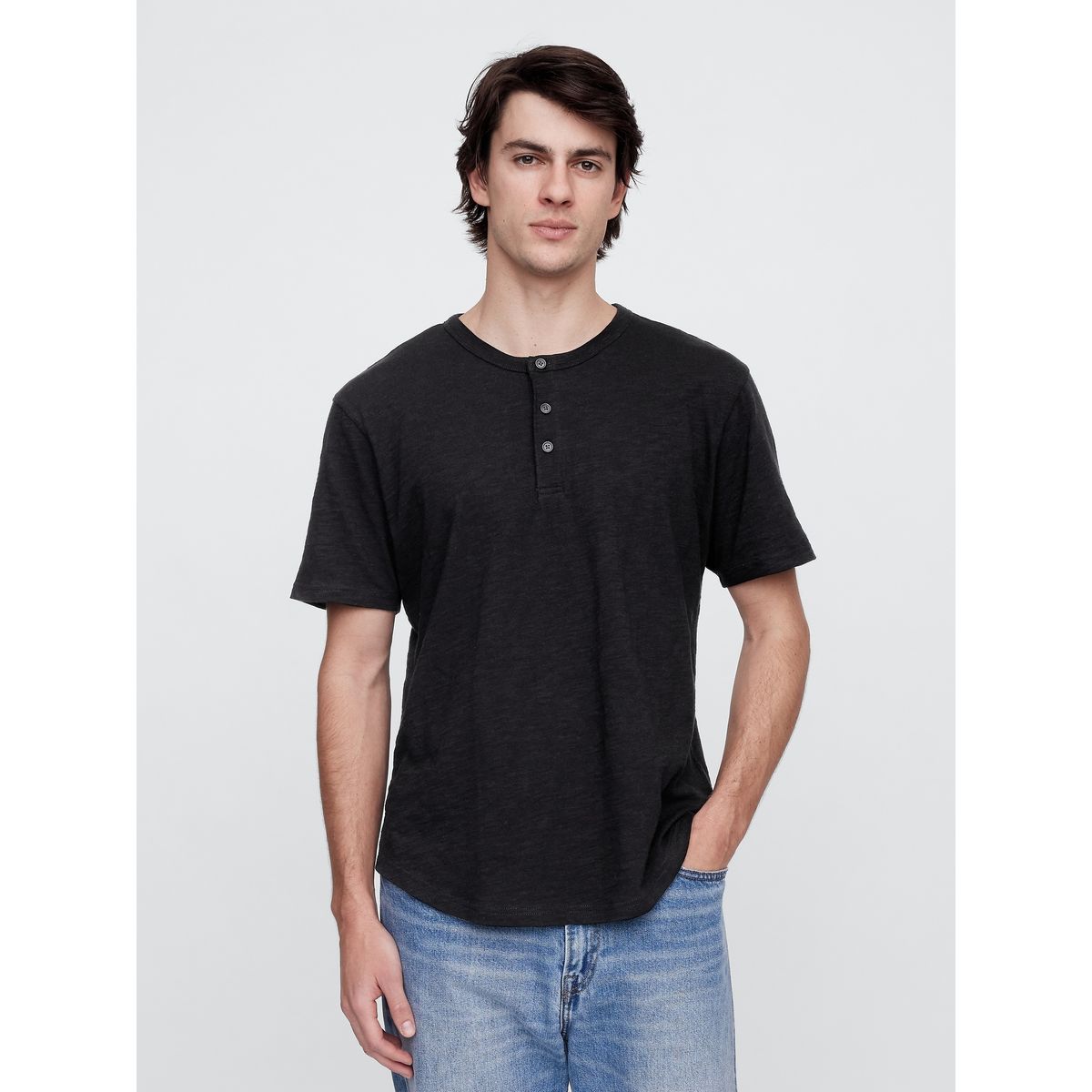 GAP - Polera Hombre Curved Hem Henley Manga Corta Negro Gap