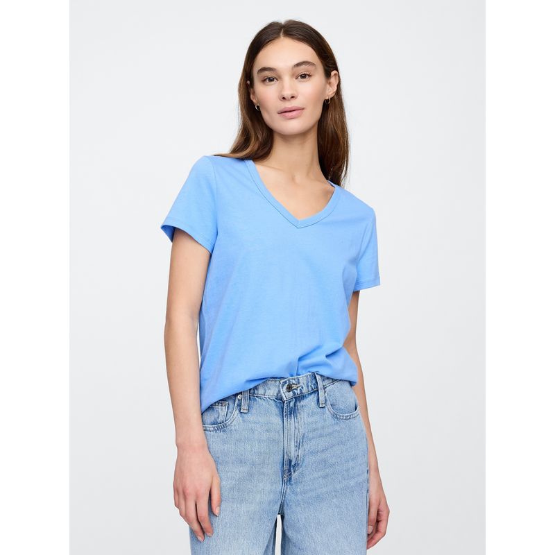 GAP - Polera Mujer Cuello V Manga Corta Celeste Gap