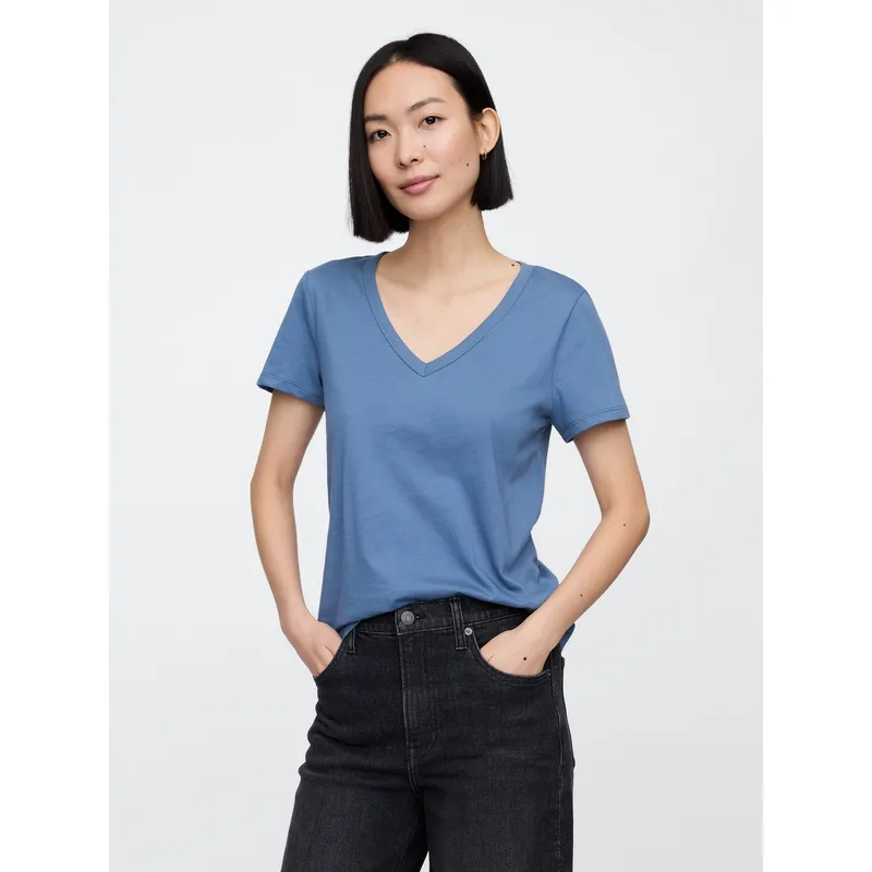 GAP - Polera Mujer Cuello V Manga Corta Azul Gap
