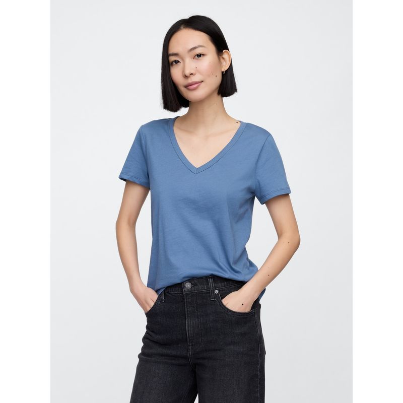 GAP - Polera Mujer Cuello V Manga Corta Azul Gap
