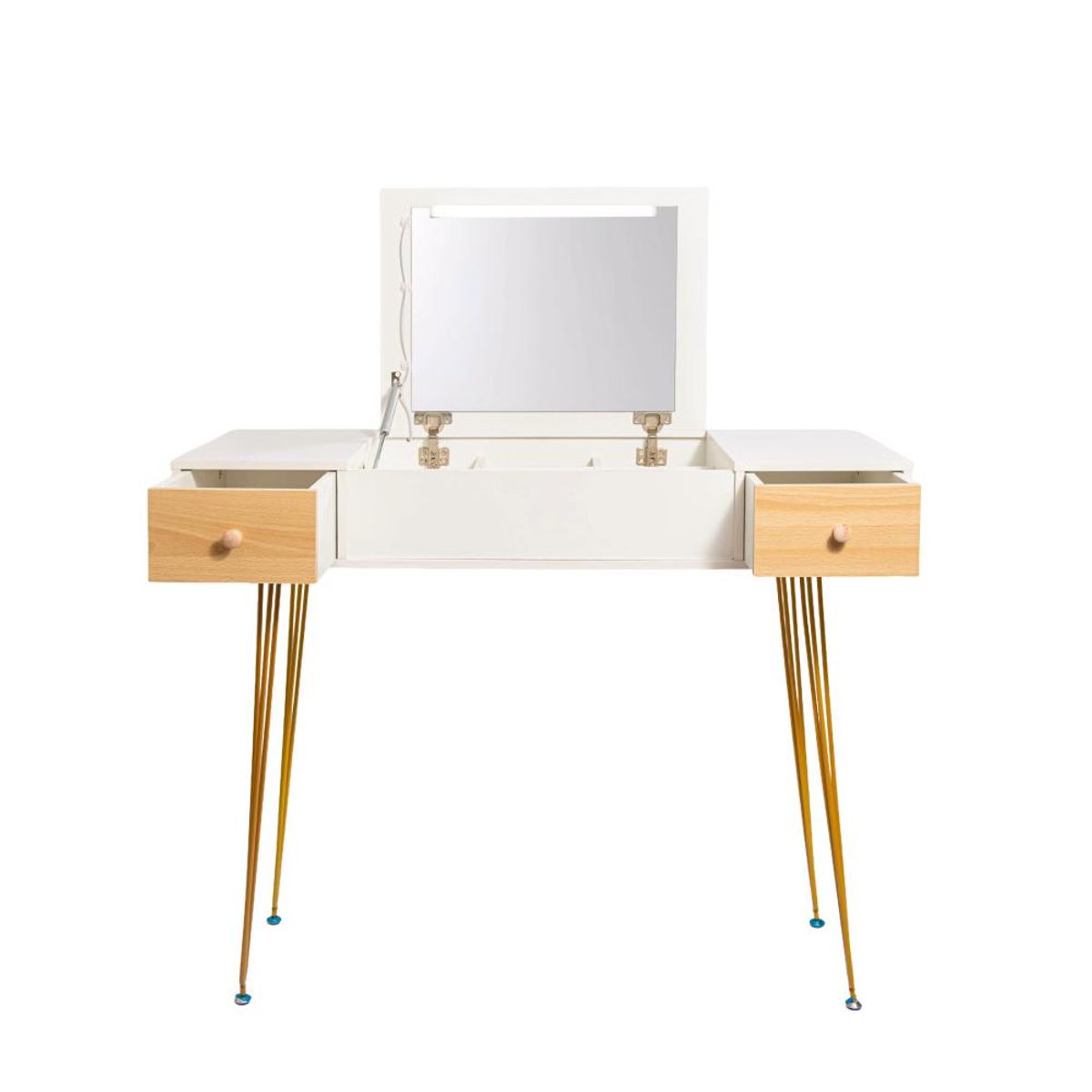 ITAHOME - TOCADOR MAQUILLAJE METAL MADERA BLANCO + ESPEJO CON LUZ ELENA