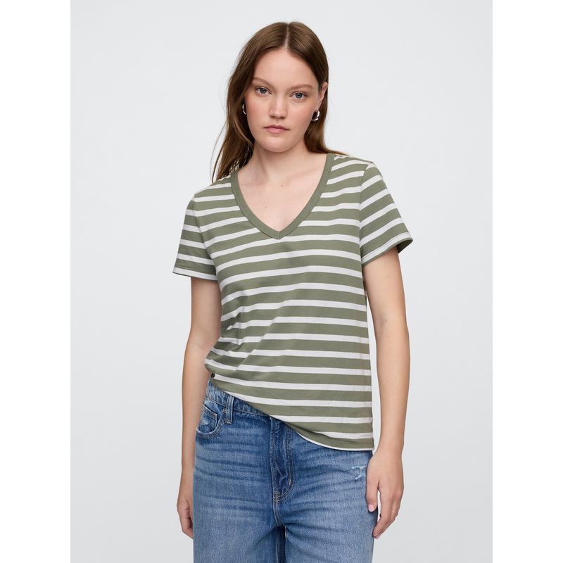 GAP - Polera Mujer Stripe V Neck Manga Corta Verde Gap