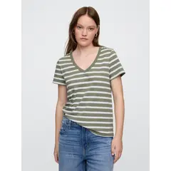 GAP - Polera Mujer Stripe V Neck Manga Corta Verde