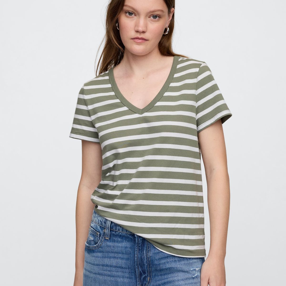 GAP - Polera Mujer Gap Stripe V Neck Manga Corta Verde