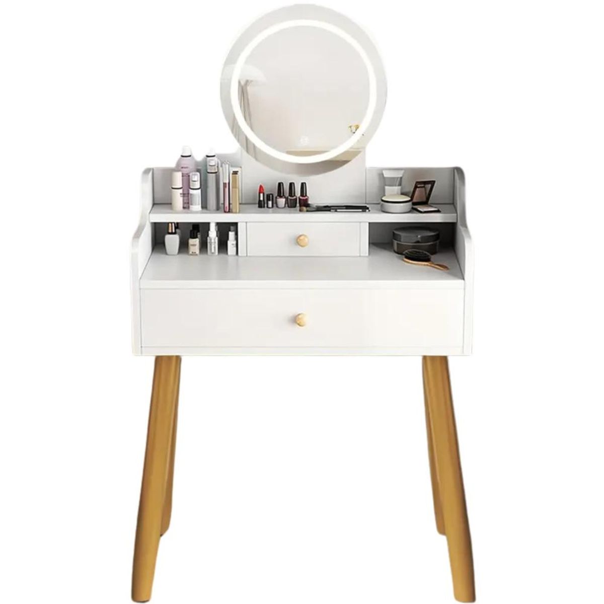 ITAHOME - TOCADOR MAQUILLAJE MADERA BLANCO + ESPEJO LUZ LED DEMI COMPACT
