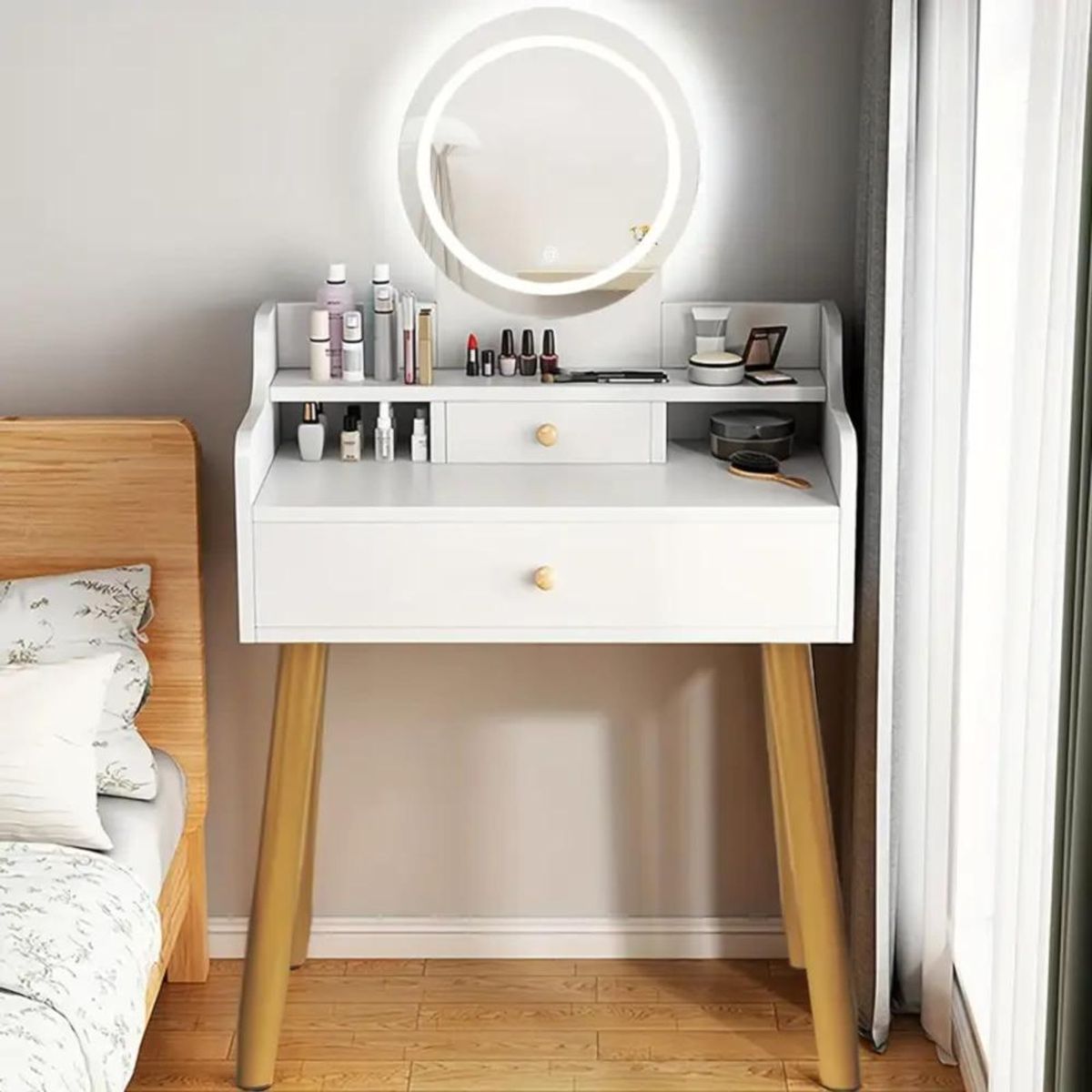 ITAHOME - TOCADOR MAQUILLAJE MADERA BLANCO + ESPEJO LUZ LED DEMI COMPACT