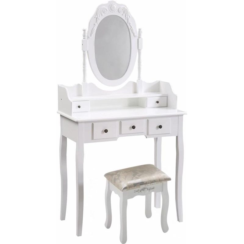 ITAHOME - TOCADOR MAQUILLAJE MADERA BLANCO 5C BANCA + ESPEJO VICTORIA