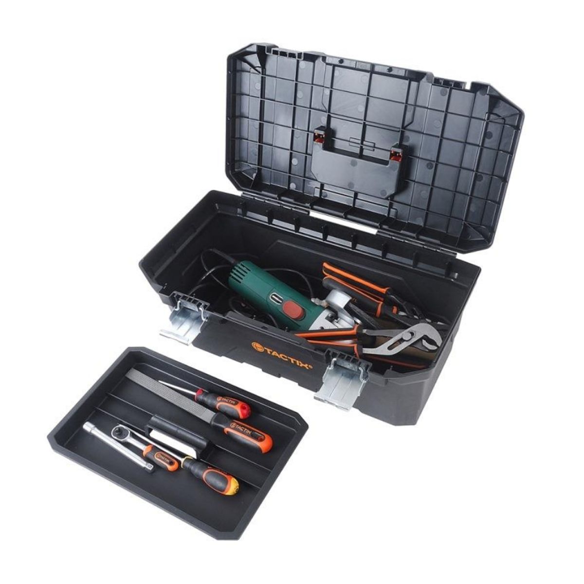 TACTIX - Caja de Herramientas 40 cm Bandeja Removible/ Pestillos de Acero