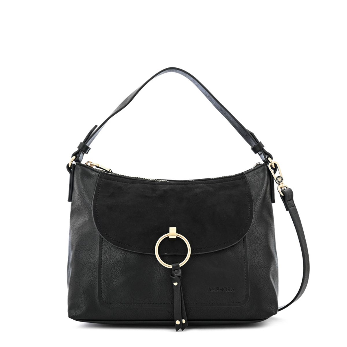 AMPHORA - Cartera corte oval rustique mediana negro