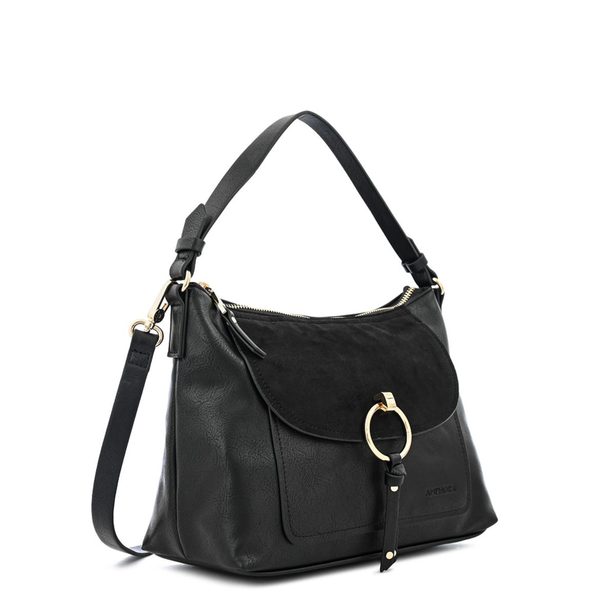 AMPHORA - Cartera corte oval rustique mediana negro