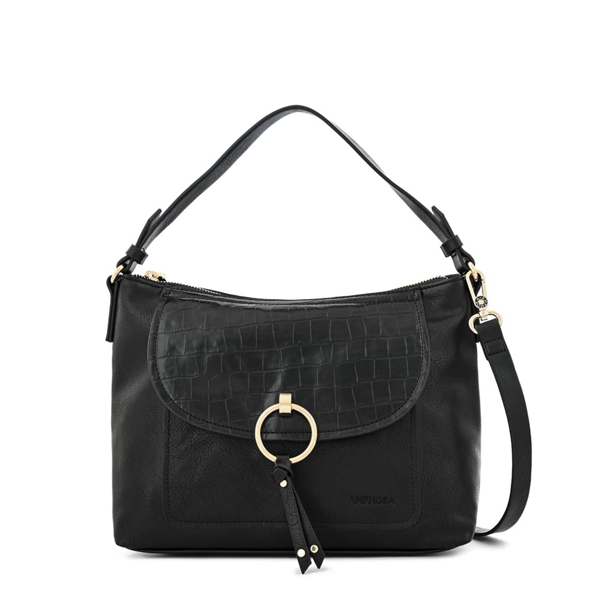 AMPHORA - Cartera corte oval rustique mediana negro especial