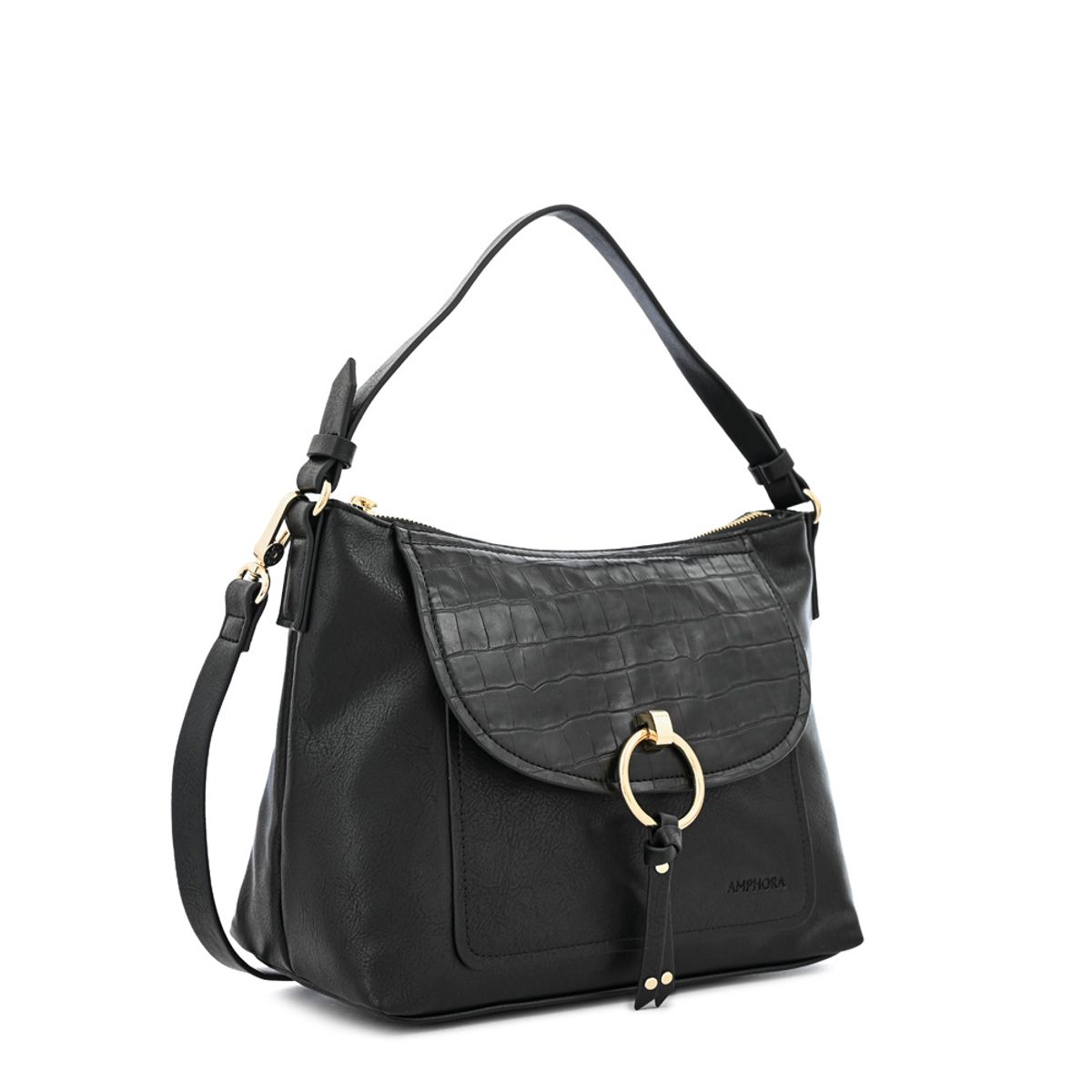 AMPHORA - Cartera corte oval rustique mediana negro especial