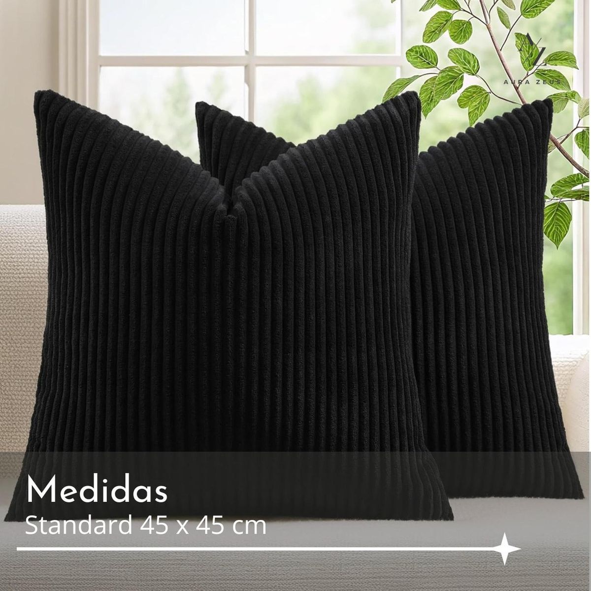 AZ AURAZEUS - Set De 2 Fundas De Cojines Cama Sillon Suave Negra 45 X 45 Aura Zeus