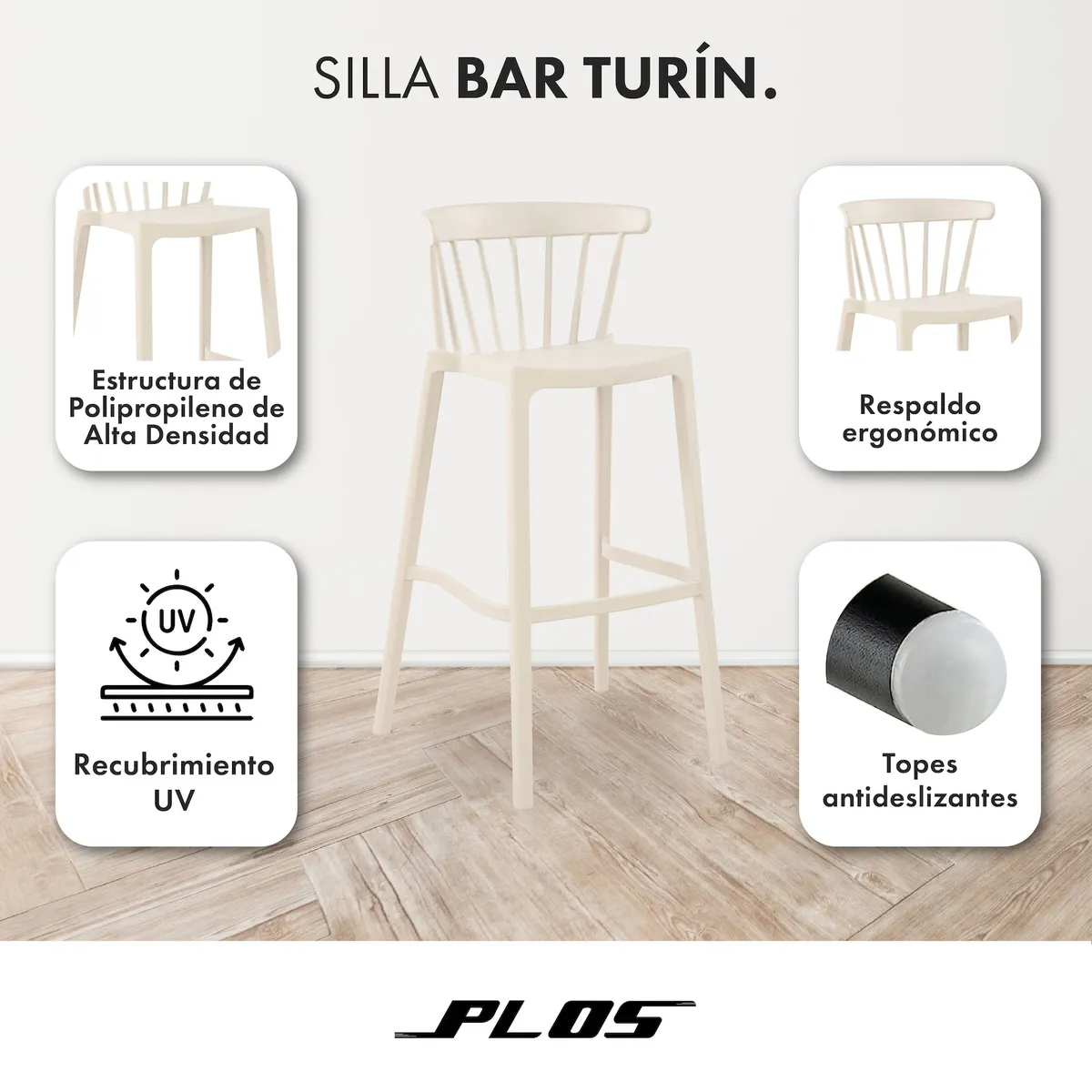 PLOS - Silla Piso Bar Taburete Terraza 76 cm Pack x2 Unidades Plos Turín