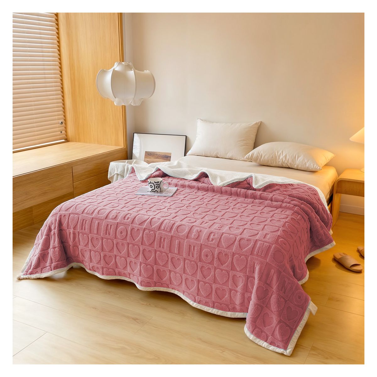 GENERICO - MANTA DISEÑO CORAZON CON CHIPORRO 2 PLAZAS OKAERI - Rosa - 2 Plazas