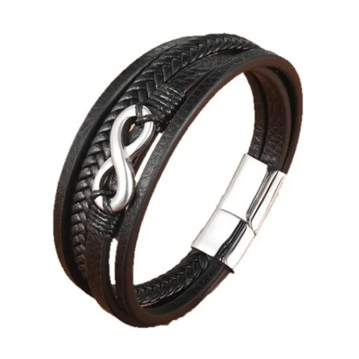 GENERICO - Pulsera De Cuero Infinito Black Silver Hombre Caballeros Royal Madriz
