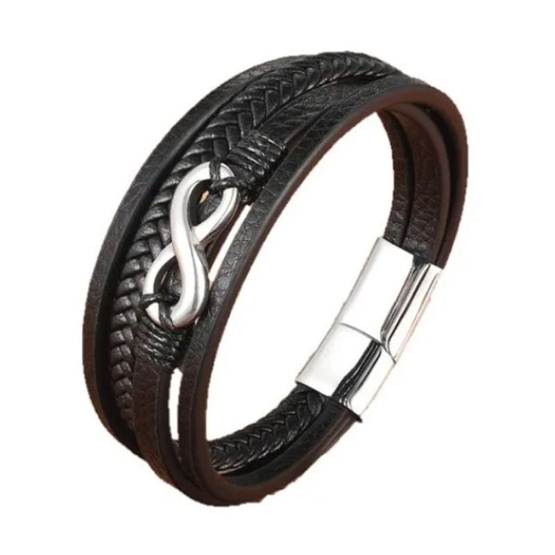 GENERICO - Pulsera De Cuero Infinito Black Silver Hombre Caballeros Royal Madriz