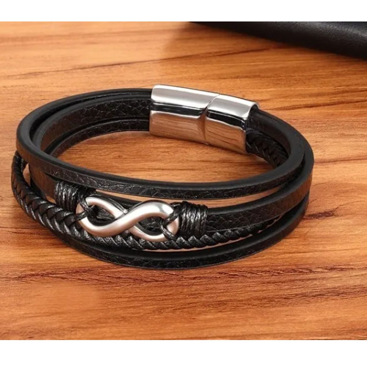 GENERICO - Pulsera De Cuero Infinito Black Silver Hombre Caballeros Royal Madriz