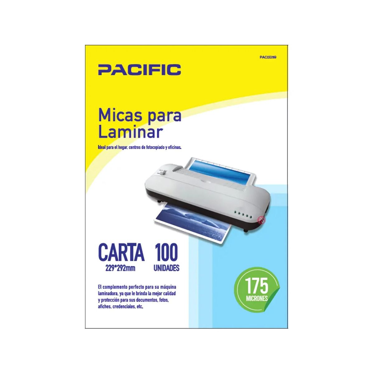 PACIFIC - 100 Laminas Micas Termolaminadora Carta 175 Micrones - Ps