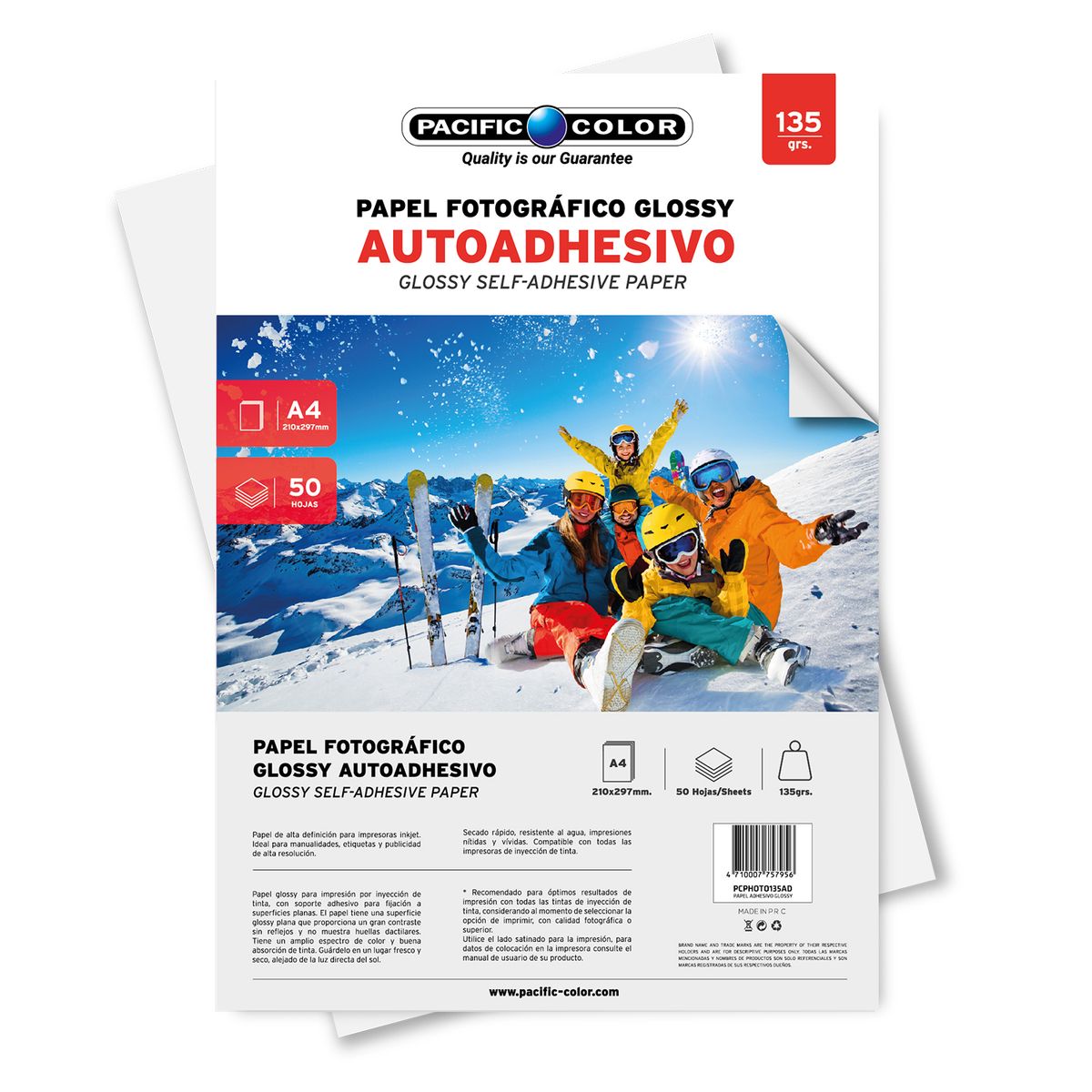 PACIFIC COLOR - Papel Fotográfico Adhesivo 50 Hojas Tamaño A4 135grs - Ps