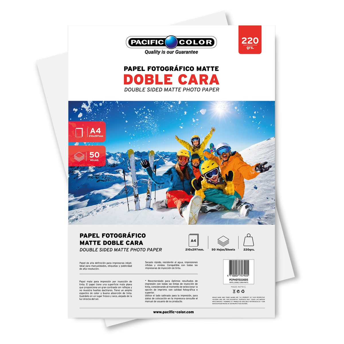 PACIFIC COLOR - Papel Fotográfico Matte Doble Cara Tamaño A4 De 220grs - Ps