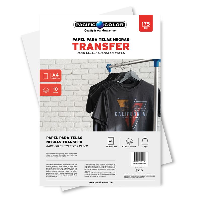 PACIFIC COLOR - Papel Transfer Ropa Oscura 10 Hojas Tamaño A4 De 175grs - Ps