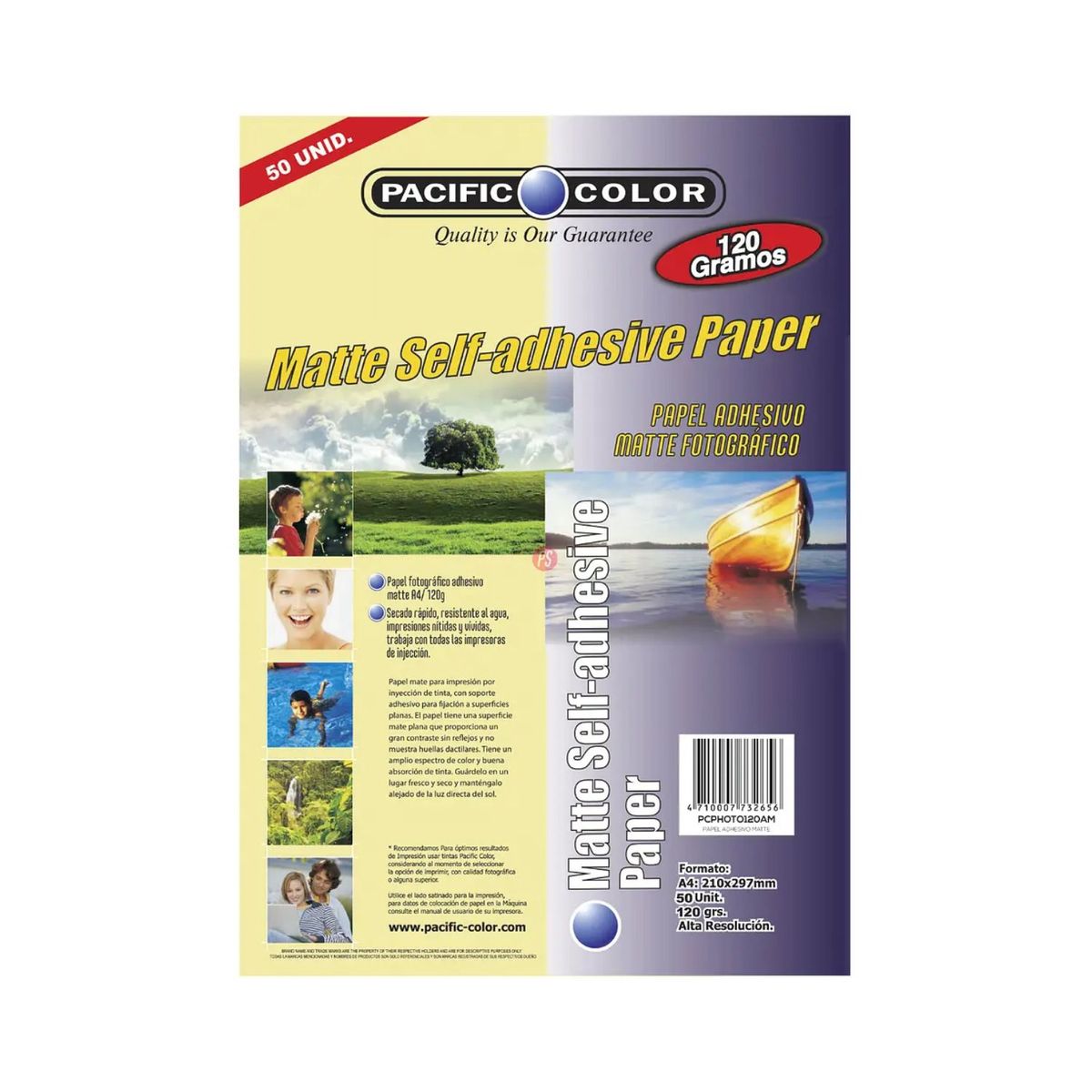 PACIFIC COLOR - 50 Hojas Papel Mate Adhesivo A4 120grs - Ps