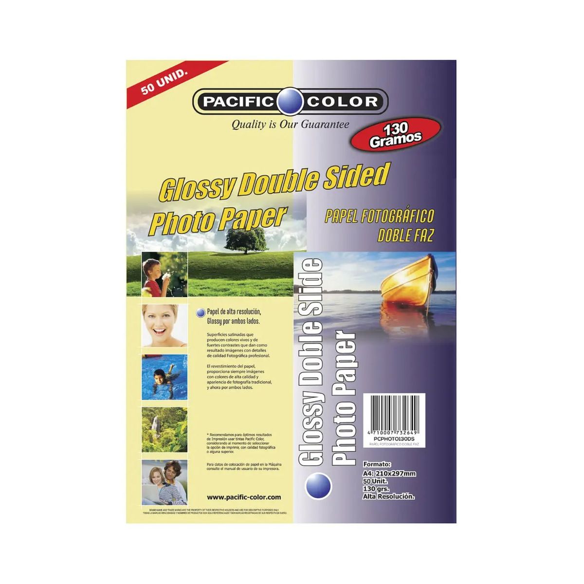 PACIFIC COLOR - 50 Hojas Papel Fotográfico Doble Faz Glossy 130grs A4 - Ps