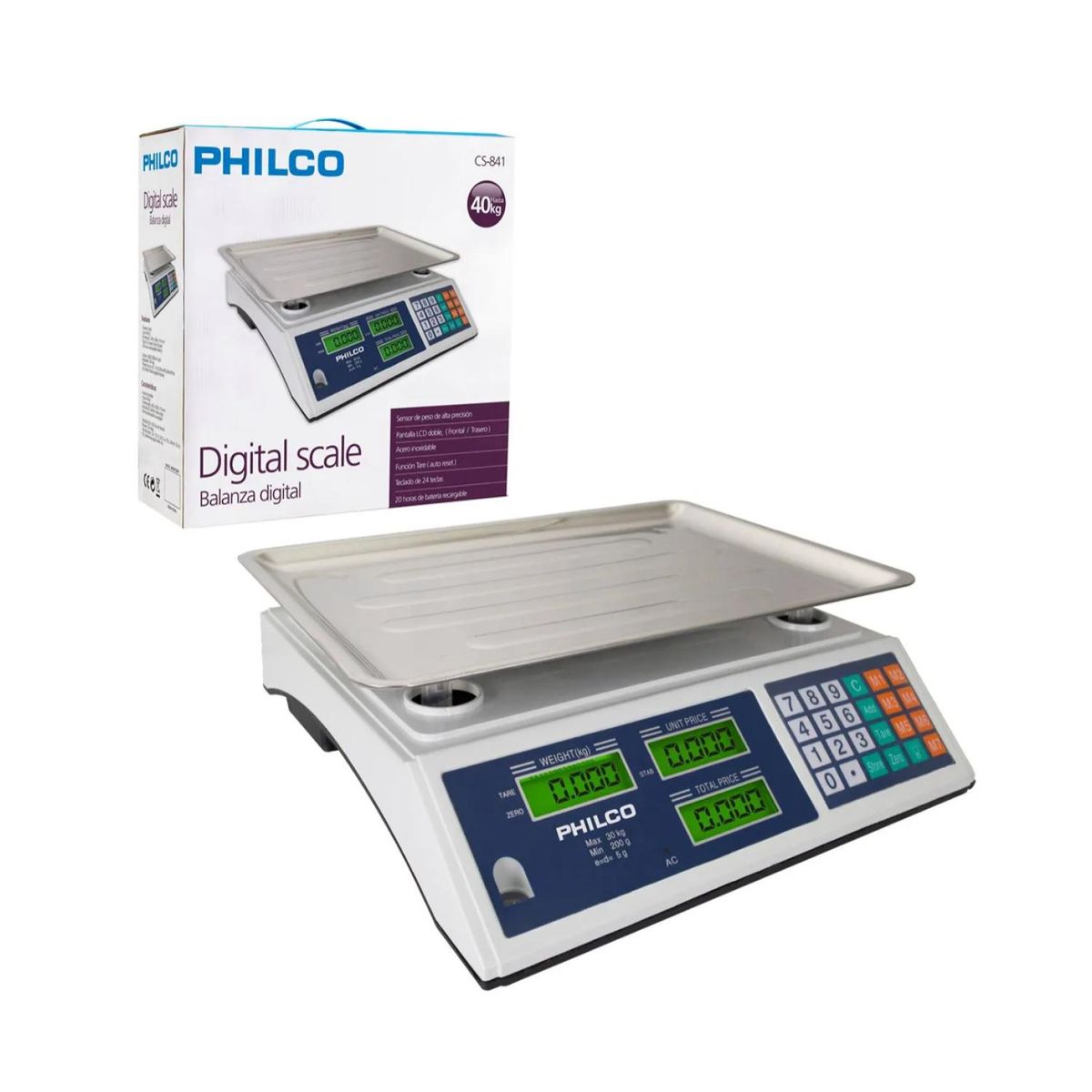 PHILCO - Balanza Peso Digital 40Kg LCD Acero Inoxidable CS841