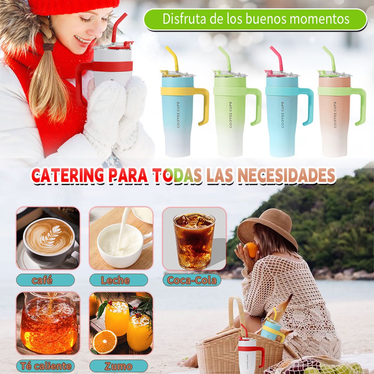 EDWINAYY - Botella Térmica Flip Straw Con Asa Y Pajita - 1200ml