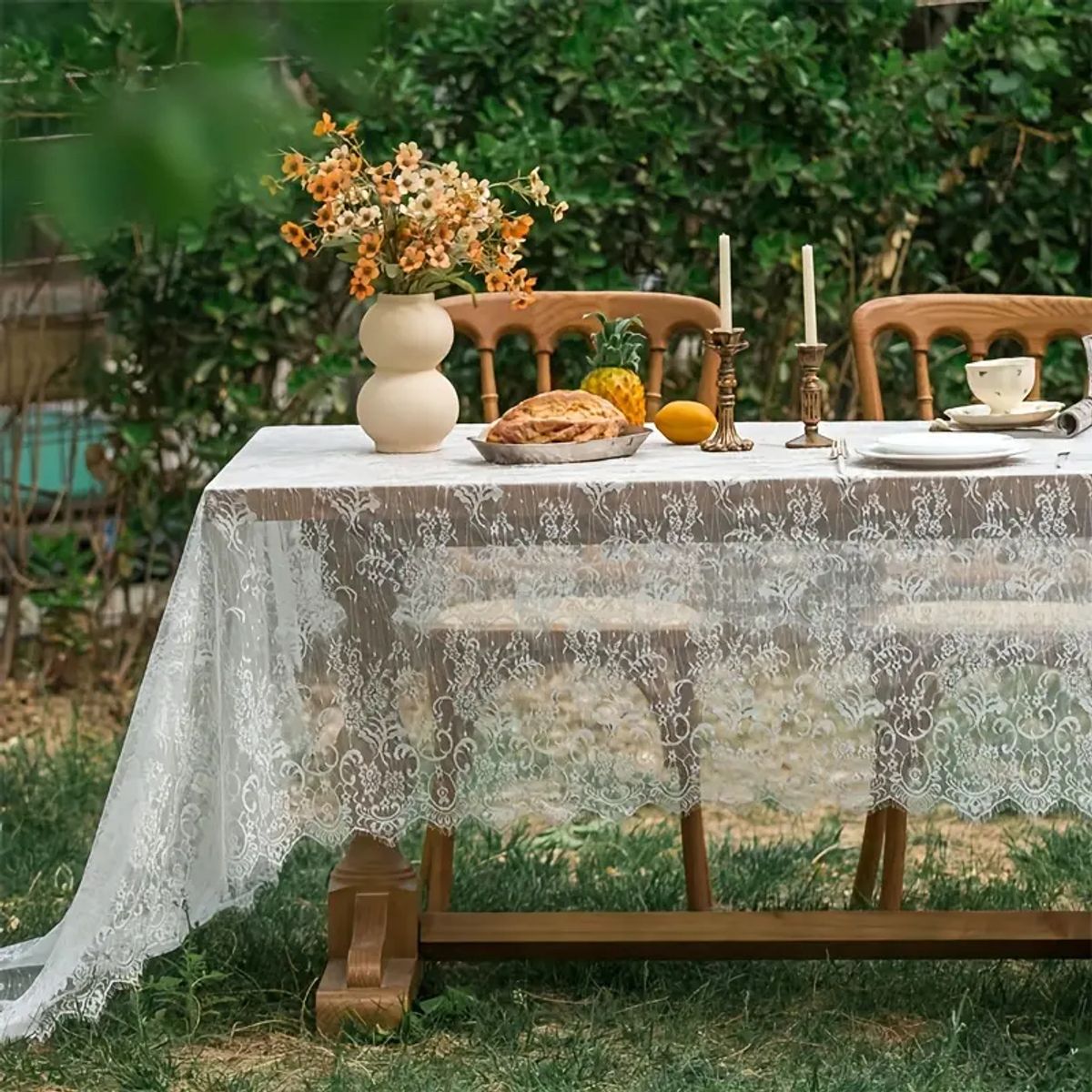 PUREPOWER - Mantel Boda Blanco Elegante Bordado Floral Vintage 150x220cm