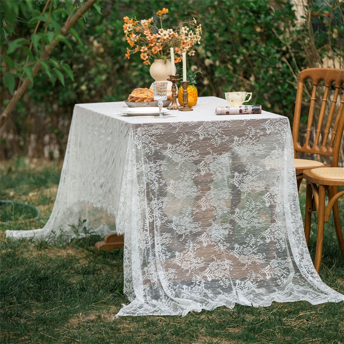 PUREPOWER - Mantel Boda Blanco Elegante Bordado Floral Vintage 150x150cm