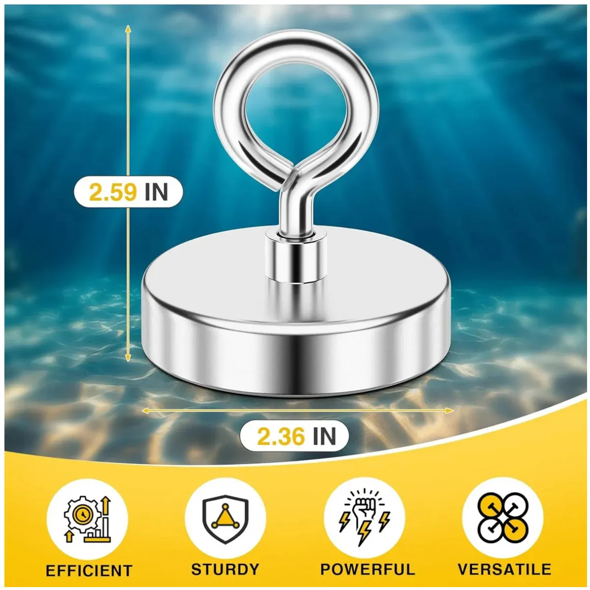 KUANGYE - Fuerte Imán Con Gancho 60 Mm 130 Kg Salvamento Recupe