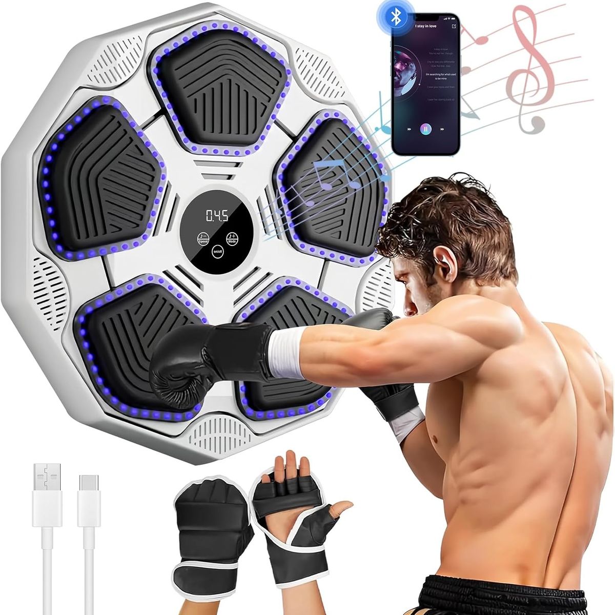 TATEE - Maquina Boxeo Musical con Guantes y Bluetooth gris 43×40cm