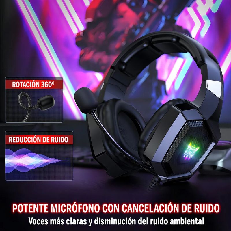 CASTLEN - Auriculares Alámbrico con Micrófono Cancelación de Ruido RGB
