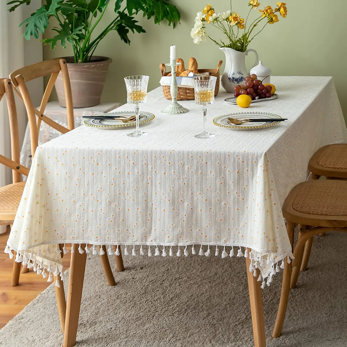 PUREPOWER - Mantel Blanco con Borlas Flores Margaritas 100x160cm