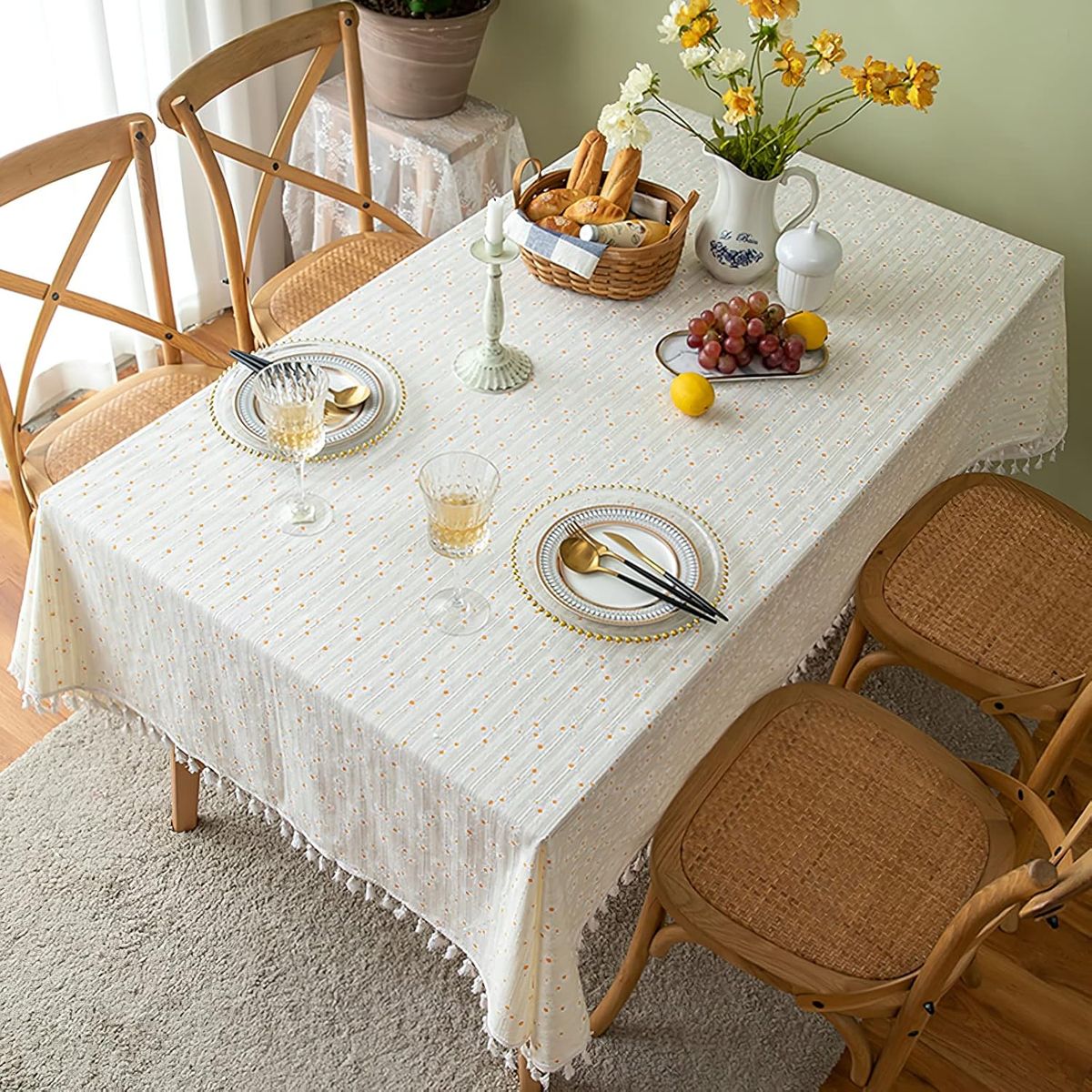 PUREPOWER - Mantel Blanco con Borlas Flores Margaritas 100x160cm