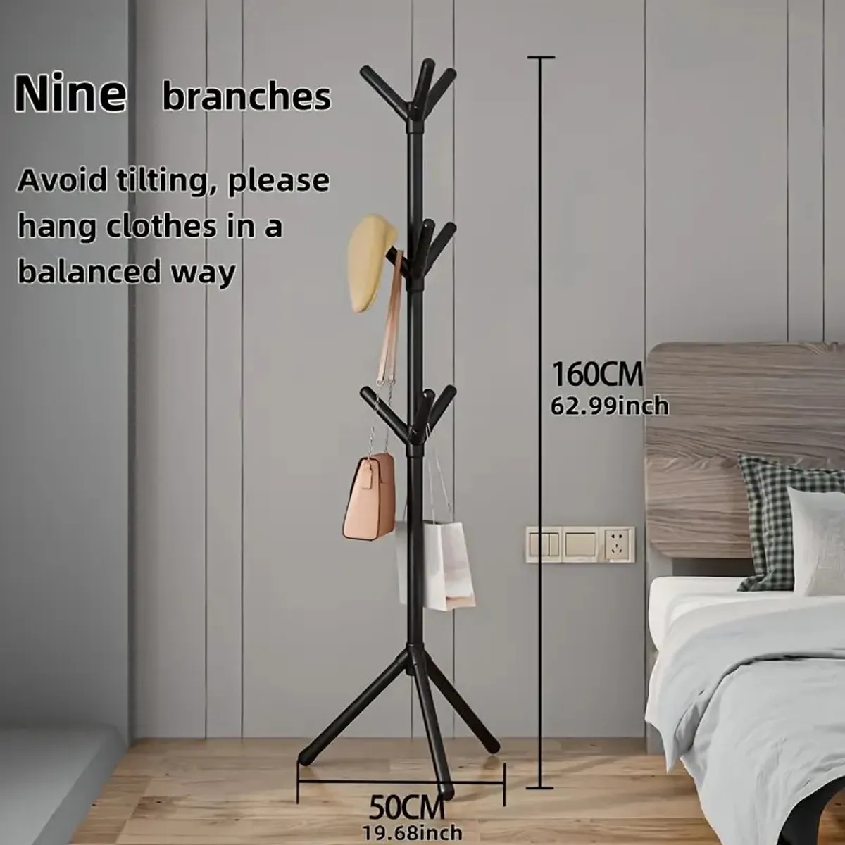 GENERICO - Perchero 9 Ganchos Minimalista 1.6m - ¡No Se Cae! - Negro