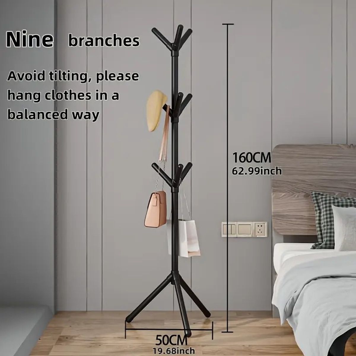 GENERICO - Perchero 9 Ganchos Minimalista 1.6m - ¡No Se Cae! - Negro