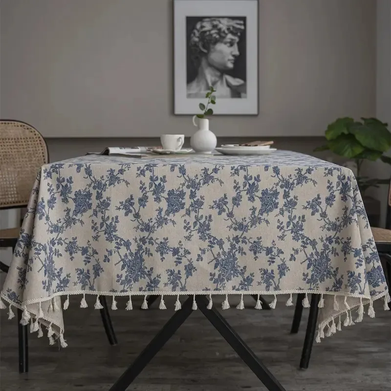 PUREPOWER - Mantel Francés Flores Azules con Borlas Beige 140x200cm para Bodas
