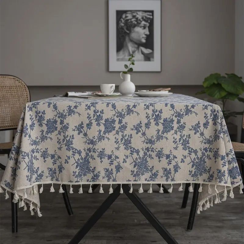 PUREPOWER - Mantel Francés Flores Azules con Borlas Beige 140x180cm para Bodas