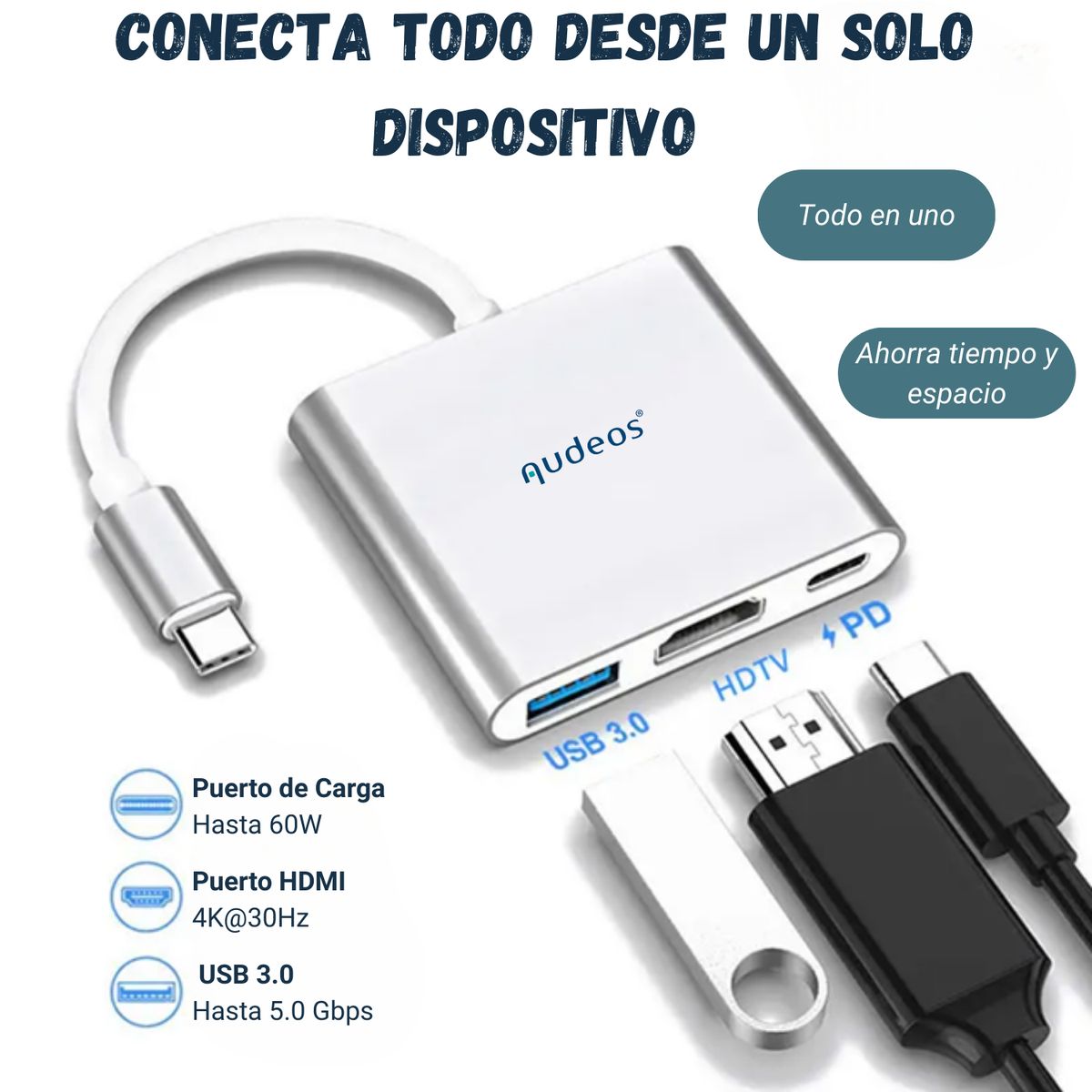 GENERICO - Hub Thunderbolt Usb Tipo C 3 En 1 Carga Usb 3.0 Pc Macbook Plateado