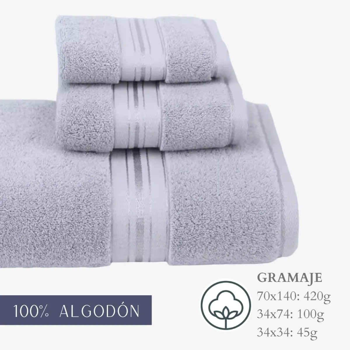 GARSIL - Pack 3 Toallas Cuerpo Mano Y Cara 100% Algodon Absorbentes Gris Liso
