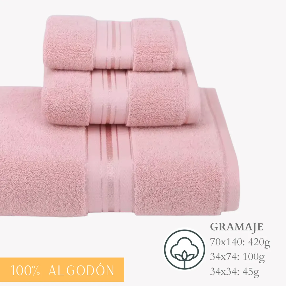 GARSIL - Pack 3 Toallas Cuerpo Mano Y Cara 100% Algodon Absorbentes Rosa Liso