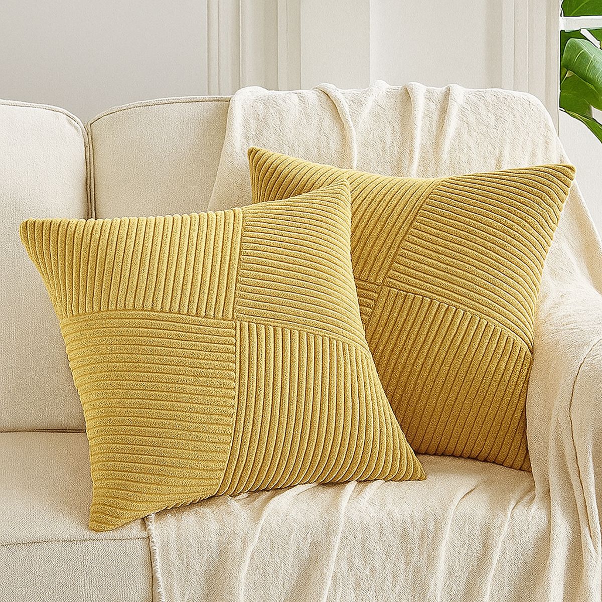 GENERICO - Pack 2 Fundas De Cojín Textura Acanalada Mostaza