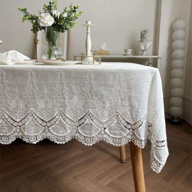 PUREPOWER - Mantel Boda Blanco Encaje Bordado Algodón 135x220cm Francés